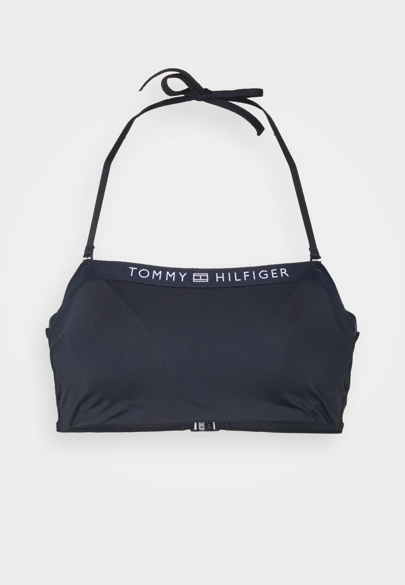 Top de bikini preto, feito de tecido suave, com alças ajustáveis e uma faixa com logotipo. Fecho nas costas para um ajuste seguro.