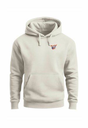 Hellbeige Kapuzenpullover aus Baumwolle mit einer Fronttasche und einer Kordelzugkapuze. Kleines, buntes "Neverless"-Logo auf der Brust.