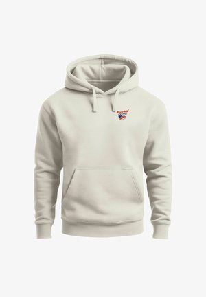 Light beige hoodie made of cotton, featuring a front pocket and drawstring hood. Small, colorful "Neverless" logo on the chest.