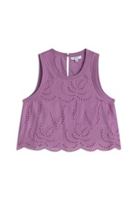 Liliowy crop top z falbanami i bez rękawów, z dekoracyjnymi detalami w formie oczek oraz zapięciem z tyłu w kształcie łezki. Wykonany z miękkiego bawełnianego materiału.