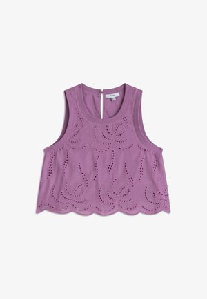 Světle fialový zkrácený top s volnými rukávy, který obsahuje dekorativní detaily s očky a uzavírání na klíčovou dírku na zadní straně. Měkký bavlněný materiál.