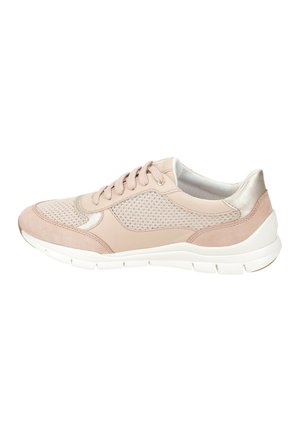 Light pink athletic shoe featuring suede and mesh panels, round toe, lace-up front, and a white cushioned sole with textured accents.