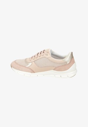 Light pink athletic shoe featuring suede and mesh panels, round toe, lace-up front, and a white cushioned sole with textured accents.