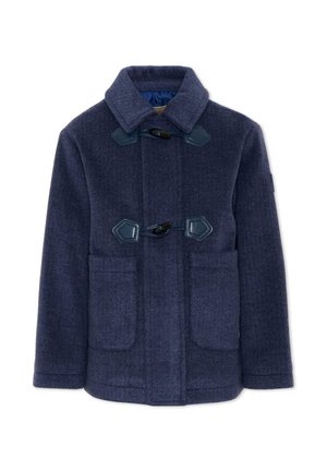 Marineblauwe wollen togglemantel met twee voorzakken, een brede kraag en zwarte hoornvormige toggelsluitingen.