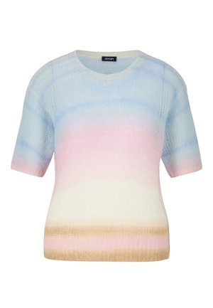 Short-sleeve knit sweater in pastel gradient colors: light blue, pink, and beige. Features a round neckline and textured fabric.