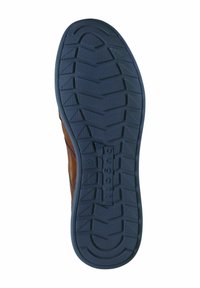 Scarpa in pelle marrone con suola in gomma navy testurizzata, caratterizzata da un motivo a zigzag e un marchio. Taglia 42 contrassegnata sulla suola.