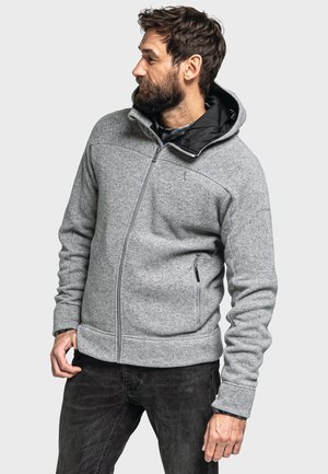 Grau Fleece-Jacke mit Kapuze, mit Reißverschluss vorne und Seitentaschen, strukturiertem Stoff und schwarzem Innenfutter. Lässiger Schnitt.