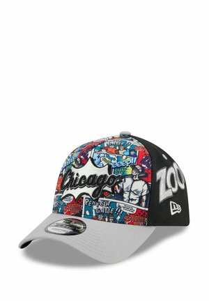 Baseball cap with a multicolored comic-style print featuring "Chicago" logo, black sides, and a gray curved brim. Adjustable fit.
