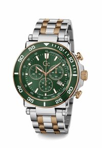 Chronograph watch with a green dial and gold accents, silver and gold stainless steel band, three sub-dials, and a date window at 4 o'clock.