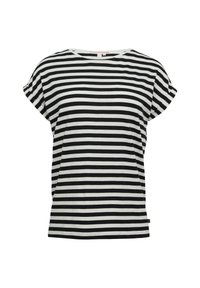 Schwarz-weiß gestreiftes T-Shirt mit kurzen Ärmeln, lockerer Schnitt, runder Ausschnitt, weicher Stoff, mit einem kleinen Markenschild an der Seite.