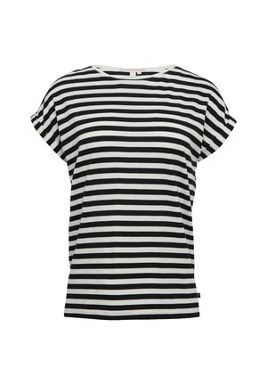 Czarny i biały pasiasty t-shirt z krótkim rękawem, luźny krój, okrągły dekolt, miękka tkanina, z małą metką marki na boku.