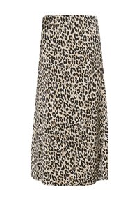 Leopardmuster-Rock aus beigem und schwarzem Stoff. A-Linienform, knielang mit glatter Textur und ohne sichtbare Hardware oder Akzente.