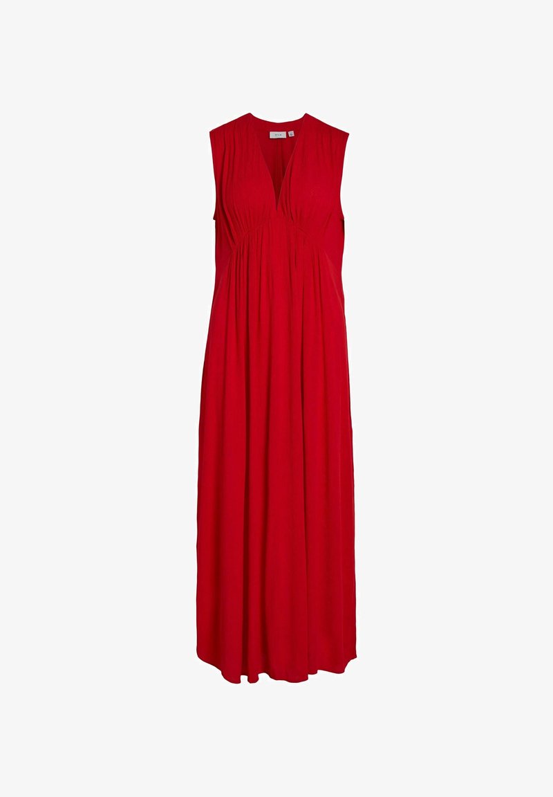 Robe maxi rouge sans manches avec un profond décolleté en V et un détail plissé à la taille, confectionnée dans un tissu léger et fluide.