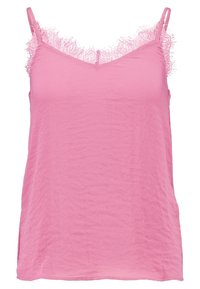 Canotta rosa con spalline regolabili, caratterizzata da un bordo in pizzo lungo il collo. Tessuto morbido con una vestibilità comoda e spacchi laterali.