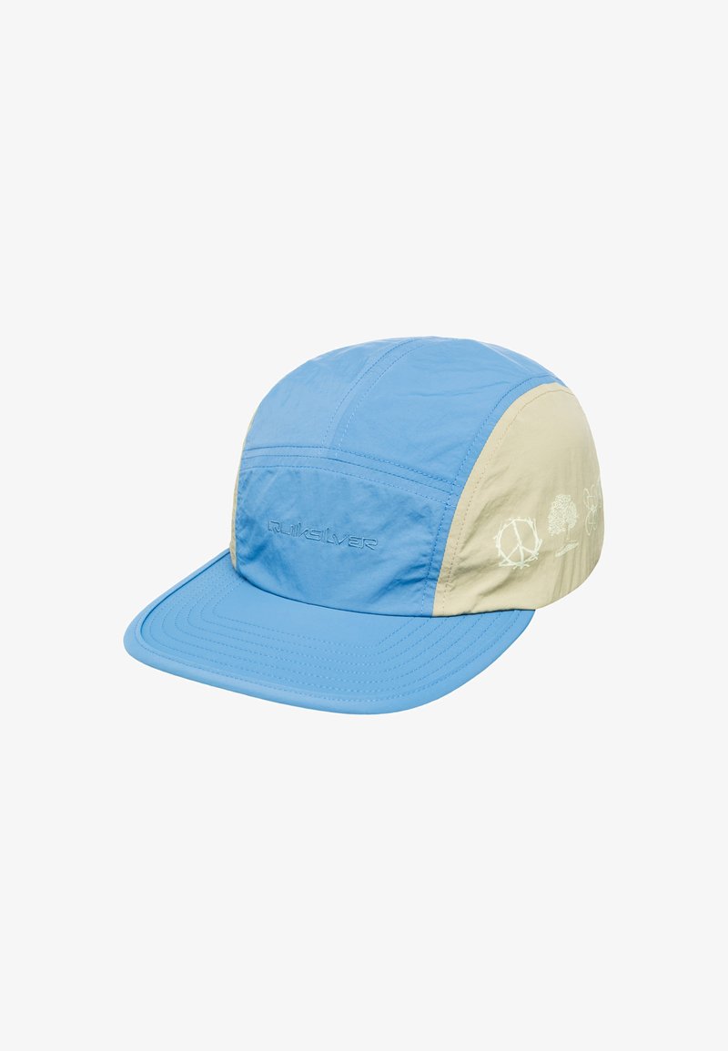 Blue and beige cap with a structured visor, made of lightweight material, featuring embroidered designs of a tree and symbols on the side.