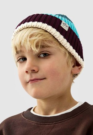 Nuori poika, joka on vaaleahiuksinen ja pukeutunut viininpunaisen, petroolin ja kermaan sävyiseen ribbineulottuun hattuun sekä ruskeaan pyöreäkauluksiseen collegepaitaan, yksinkertaisen taustan edessä.