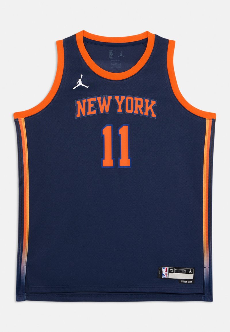 Navy basketball jersey with orange accents, featuring "NEW YORK" and number "11" in bold lettering, made of moisture-wicking fabric.