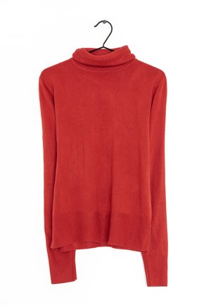 Pull rouge à col roulé à manches longues suspendu sur un cintre noir sur fond blanc.