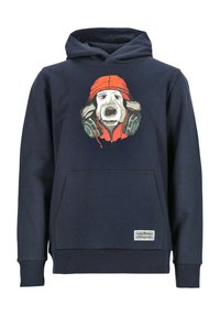 Felpa cappuccio blu navy con grafica di un cane che indossa una felpa rossa e cuffie, dotata di tasca frontale e polsini e orlo a coste.