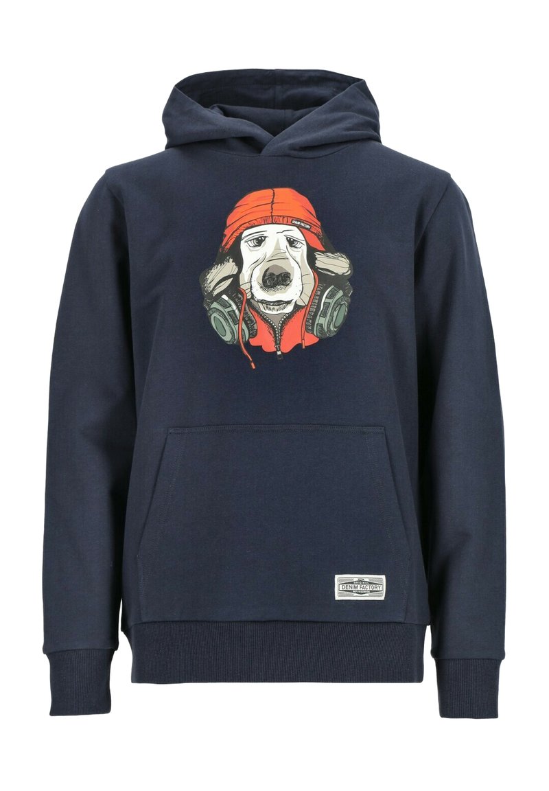 Felpa cappuccio blu navy con grafica di un cane che indossa una felpa rossa e cuffie, dotata di tasca frontale e polsini e orlo a coste.