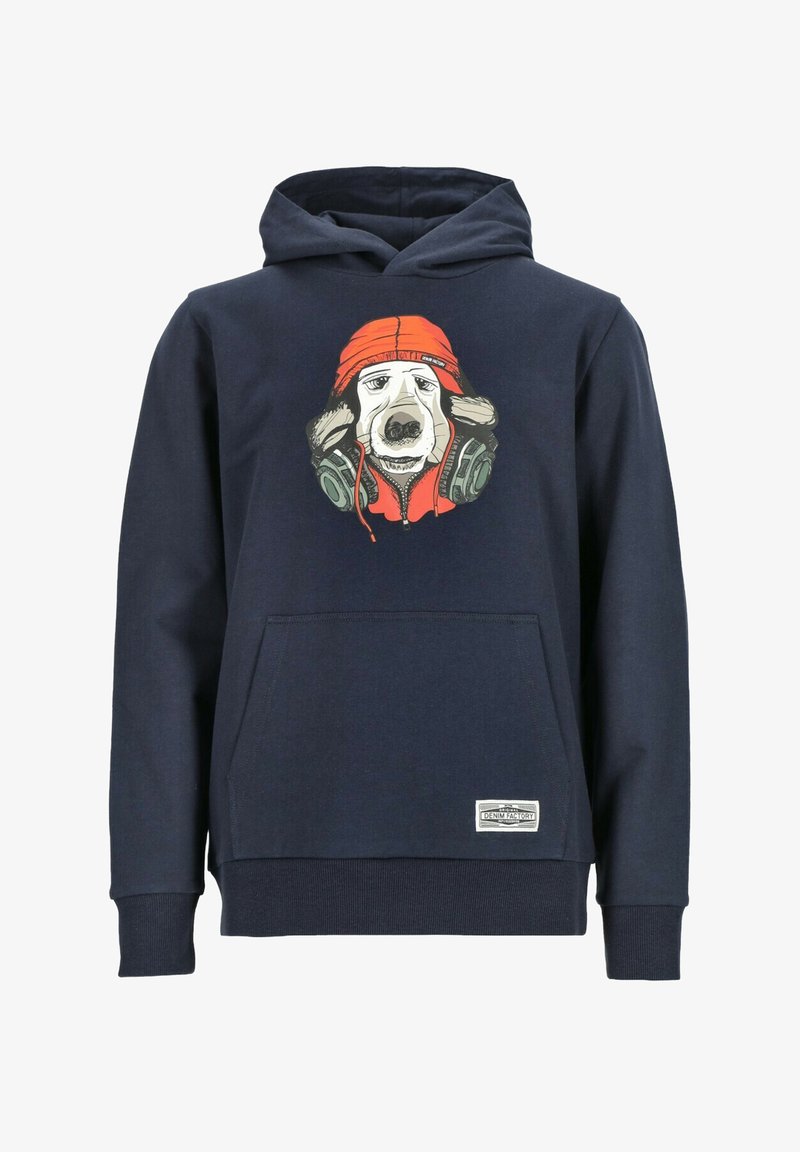 Felpa cappuccio blu navy con grafica di un cane che indossa una felpa rossa e cuffie, dotata di tasca frontale e polsini e orlo a coste.