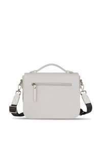 Vit syntetisk axelväska med en framficka med dragkedja, ett handtag upptill och justerbar rem. Utrustad med detaljer i guldton och en slät yta.