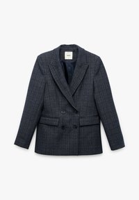 Dunkelgrauer, karierten Zweireiher-Blazer mit Notch-Revers, zwei vorderen Klappentaschen und langen Ärmeln, flach auf weißem Hintergrund ausgelegt.