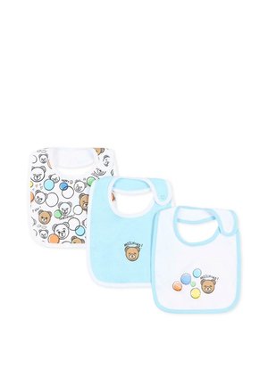 Tre bavaglini per bambini con facce di orso e cerchi colorati, caratterizzati da colori blu e bianco e testo "Moschino" su due bavaglini.
