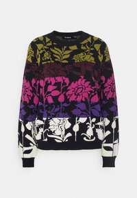 Pull noir à col rond avec motifs floraux horizontaux multicolores en olive, bordeaux, rose, violet et blanc, manches longues et poignets côtelés.