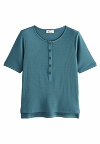 Teal geribbelde T-shirt met korte mouwen, een ronde halslijn, een vijfknops sluiting en een relaxed fit. Zacht materiaal met subtiele textuur en horizontale lijnen.