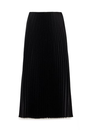 Black pleated skirt featuring a fitted waistband and a floor-length design. Made from lightweight fabric with a smooth texture.