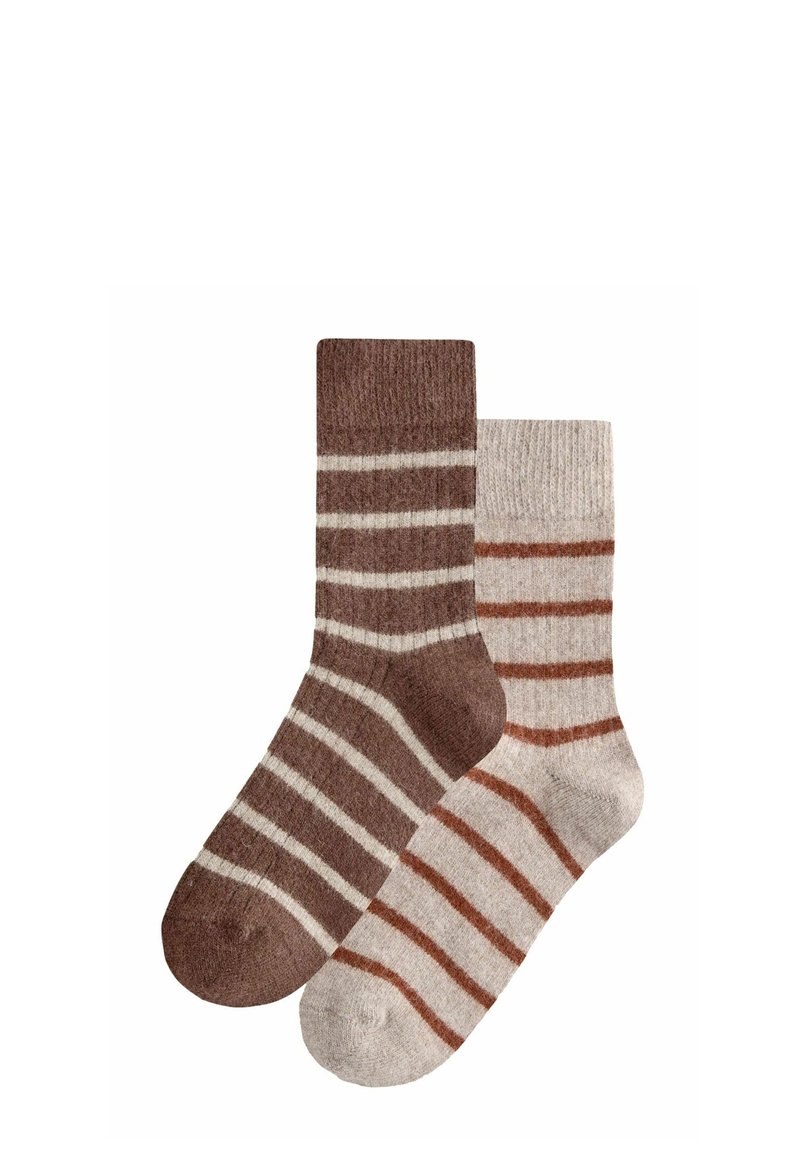 Calze a righe marroni e beige; una scura marrone con strisce crema, l'altra chiara beige con strisce ruggine. Tessuto morbido, lunghezza a metà polpaccio.