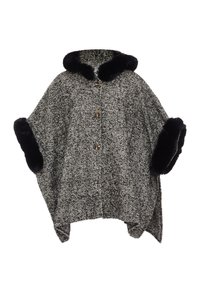 Poncho con motivo pied de poule in bianco e nero, con colletto e polsini in pelliccia sintetica, dotato di bottoni dorati lungo il davanti.