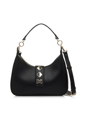 Schwarze Lederhandtasche mit runder Form, ausgestattet mit einem strukturierten Tragegurt und goldenen Hardware-Highlights; eine flache Fläche mit geometrischen Designs auf der Vorderseite.