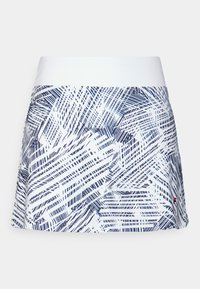 Falda atlética blanca con un patrón abstracto en azul marino, que cuenta con una cinturilla ancha y un diseño acampanado. Fabricada con tejido elástico para mayor comodidad.