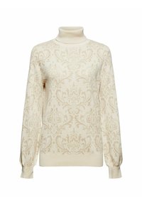 Krämfärgad polokrage med ett strukturerat damaskmönster i beige, med långa ärmar och ribbade muddar och nederkant. Mjuk stickad kvalitet.