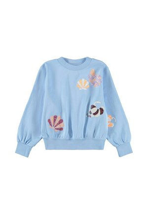 Lyseblå sweatshirt med lange ærmer og flerfarvede palietter i form af muslingeskaller på fronten og ærmerne.