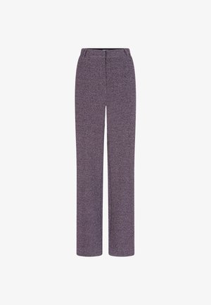 Trousers in textured purple fabric with a subtle pattern, straight leg design, elastic waistband, and front closure.