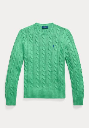 Grön kabelstickad rundhalsad tröja med långa ärmar och broderad Polo Ralph Lauren-logga på bröstet.