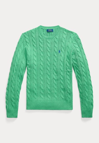 Grønn kabelstrikket genser med rund hals og lange ermer, med brodert Polo Ralph Lauren-logo på brystet.