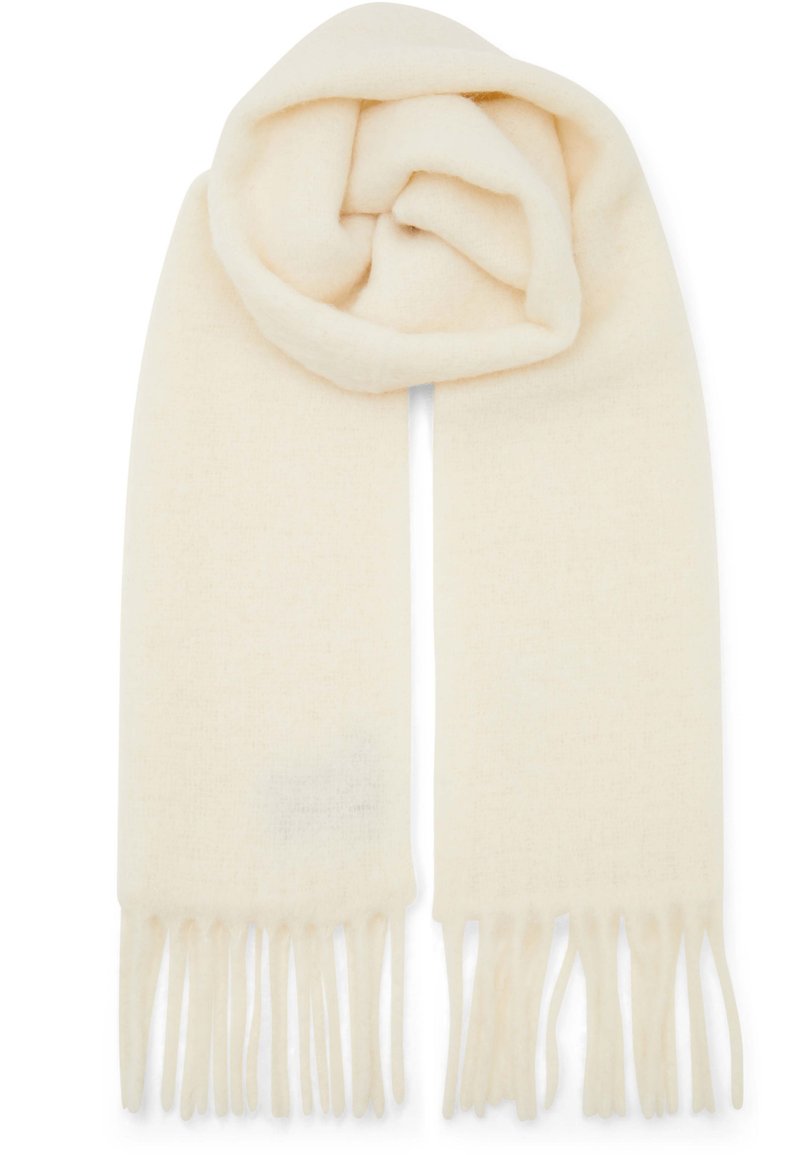 Crème-kleurige sjaal, zachte textuur, rechthoekige vorm, met franjes aan de uiteinden, stijlvol gewikkeld. Gemaakt van een lichtgewicht materiaal.