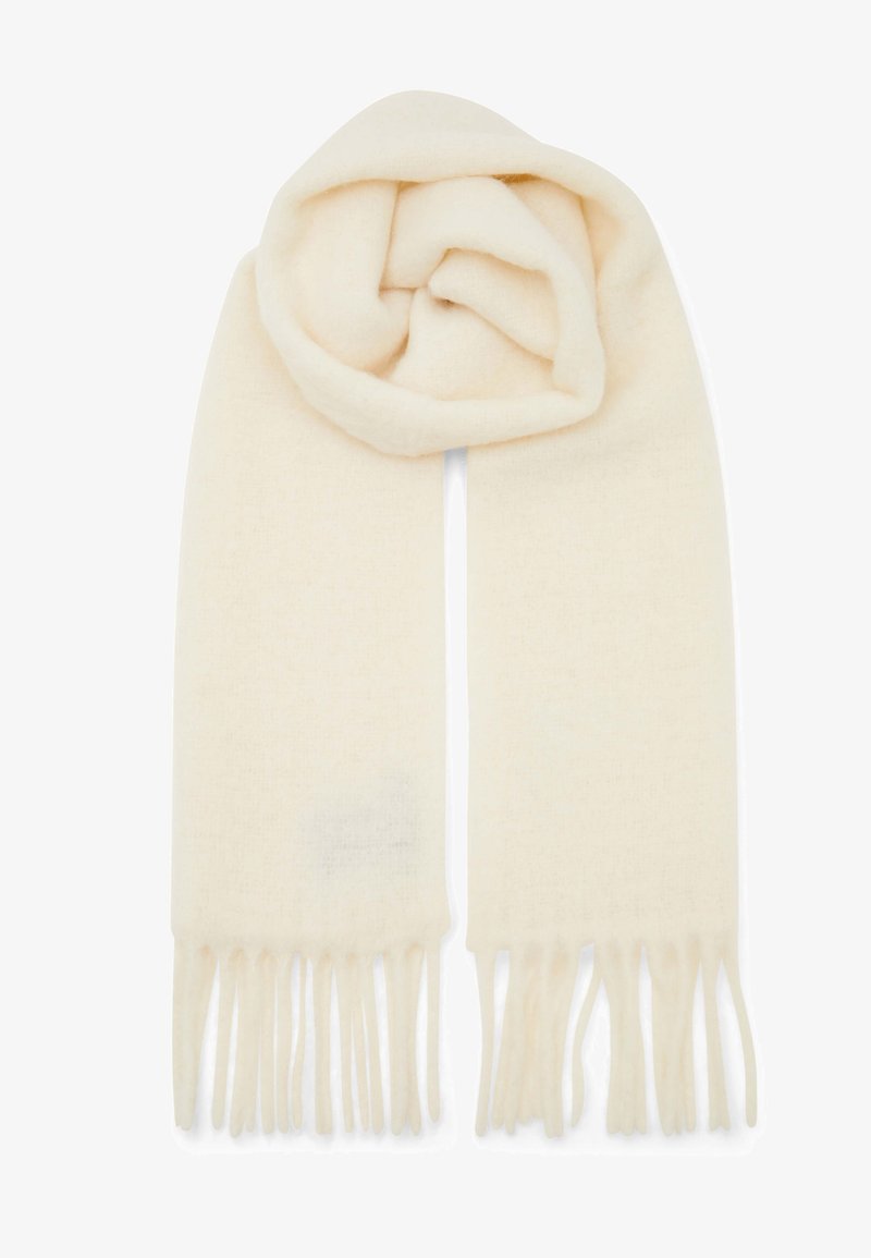 Crème-kleurige sjaal, zachte textuur, rechthoekige vorm, met franjes aan de uiteinden, stijlvol gewikkeld. Gemaakt van een lichtgewicht materiaal.