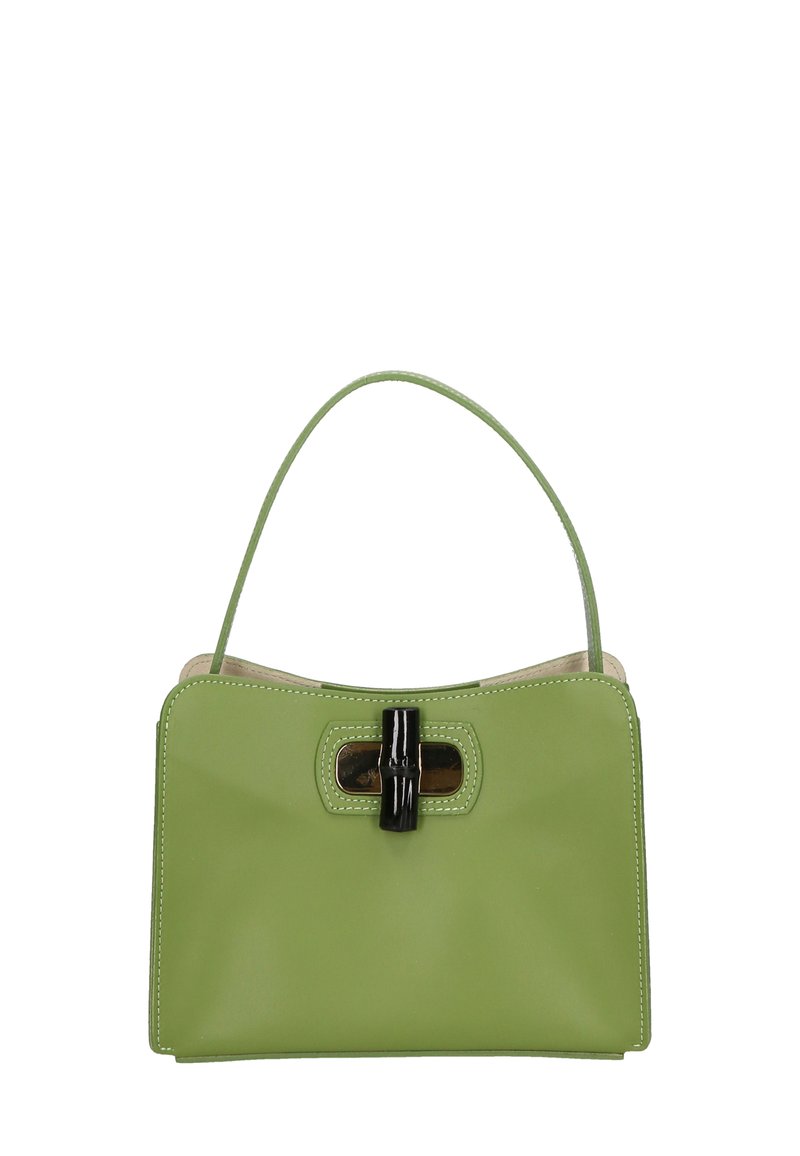 Borsa a spalla verde in pelle con un design strutturato, dotata di una chiusura nera, una maniglia corta e cuciture a contrasto lungo i bordi.