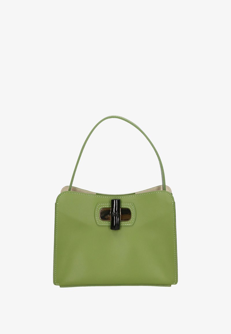 Borsa a spalla verde in pelle con un design strutturato, dotata di una chiusura nera, una maniglia corta e cuciture a contrasto lungo i bordi.