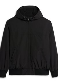 Sort vindjakke med lynlås foran, justerbar hætte, elastiske manchetter og sidelommer med en glat stofstruktur.