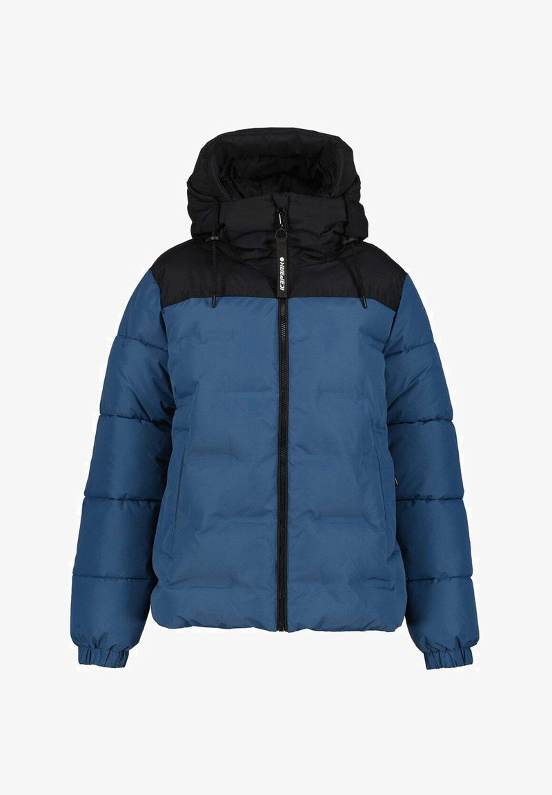 Veste d'hiver matelassée bleue et noire avec une fermeture éclair à l'avant, des poignets élastiques et une capuche avec cordons de serrage.