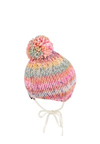 Colorful knitted baby hat with pom-pom top and tied chin straps in soft pink, orange, blue, and gray tones on white background.