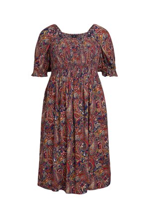 Robe midi fluide avec un décolleté carré, des manches courtes bouffantes, et un motif paisley multicolore sur un fond sombre.