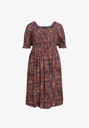 Voogav midi kleit, millel on ruudukujuline kaelus, lühikesed puffvarrukad ja mitmevärviline paisley muster tumedal taustal.