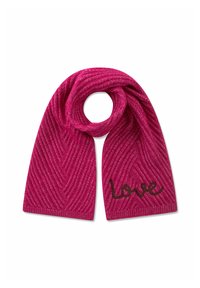 Fuchsiafarbener Schal mit gerippter Textur, versehen mit einer kursiven "Love"-Inschrift in Dunkelbraun. Rundes Design in der Mitte.